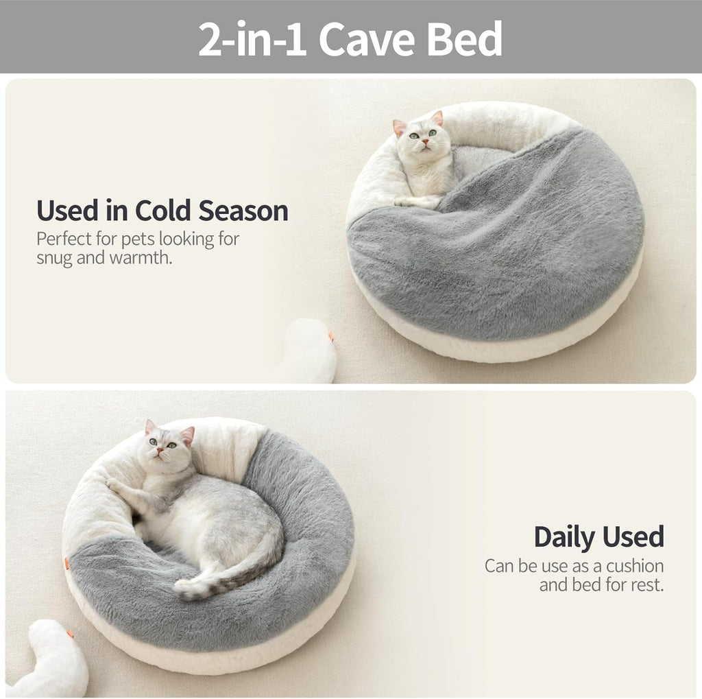 MEWOOFUN Cozy Enclosed Cat Bed Cave with Blanket – Washable, Non-Slip Pet Bed for Cats & Small Dogs (22” x 22”, White)