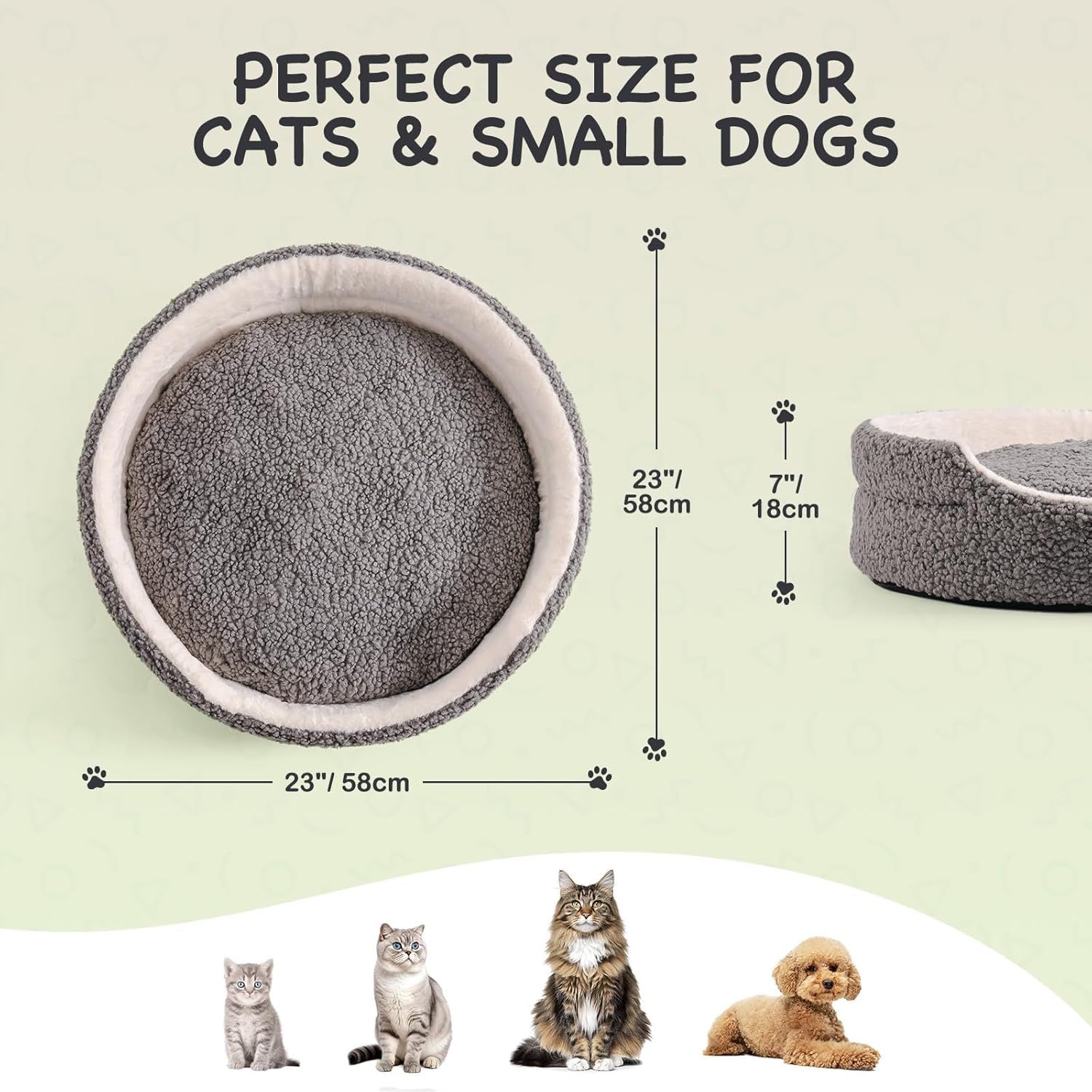 Mewoo Washable Pet Bed For Small Dogs & Cats - 23x23x7 Inch Orthopedic Dog Bed With Non-Slip Bottom, Plush Round Bed For Puppies & Indoor Kittens, Grey
