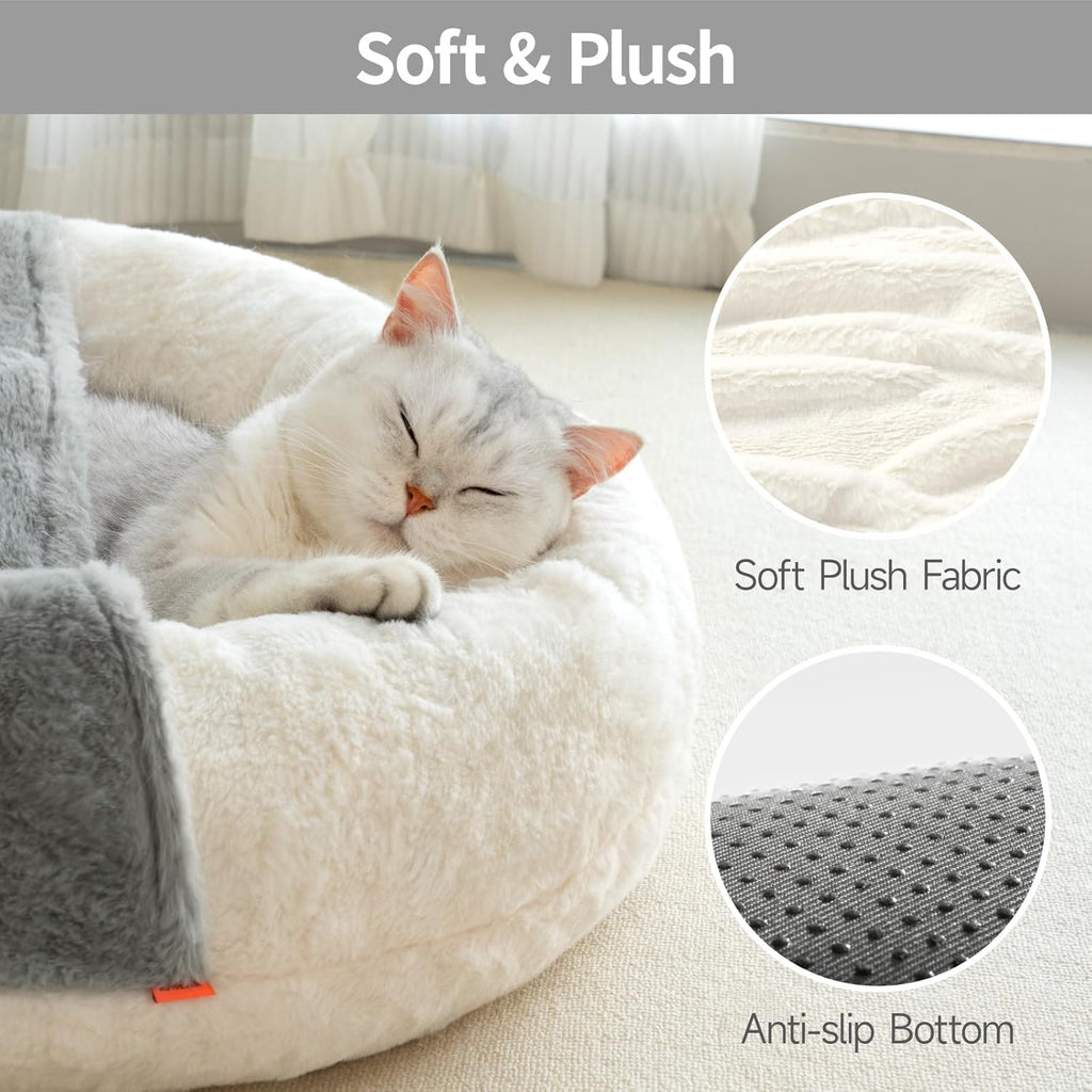 MEWOOFUN Cozy Enclosed Cat Bed Cave with Blanket – Washable, Non-Slip Pet Bed for Cats & Small Dogs (22” x 22”, White)