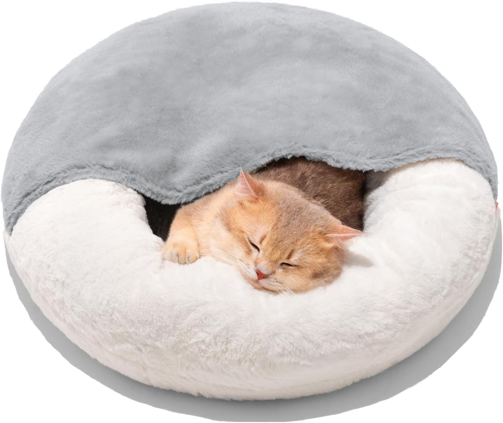 MEWOOFUN Cozy Enclosed Cat Bed Cave with Blanket – Washable, Non-Slip Pet Bed for Cats & Small Dogs (22” x 22”, White)